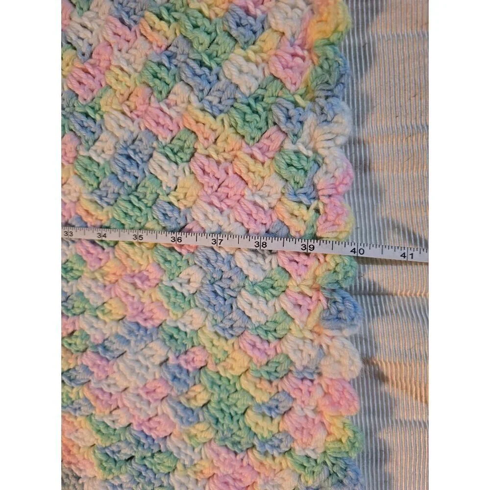 Vintage Handmade Spring Pastel Pink Blue Crochet Throw Blanket